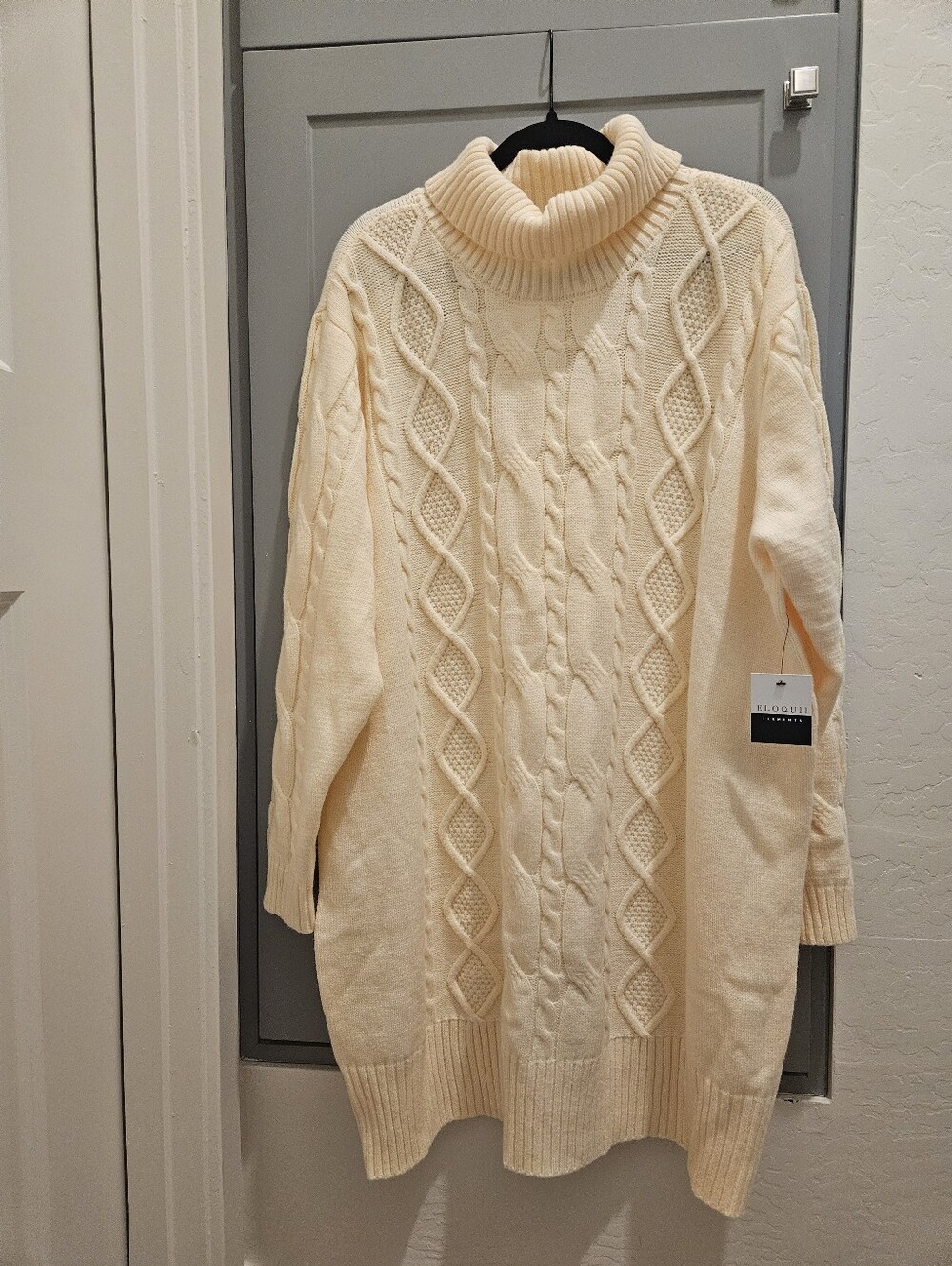 Cable Knit Turtleneck Sweater Dress - Cream